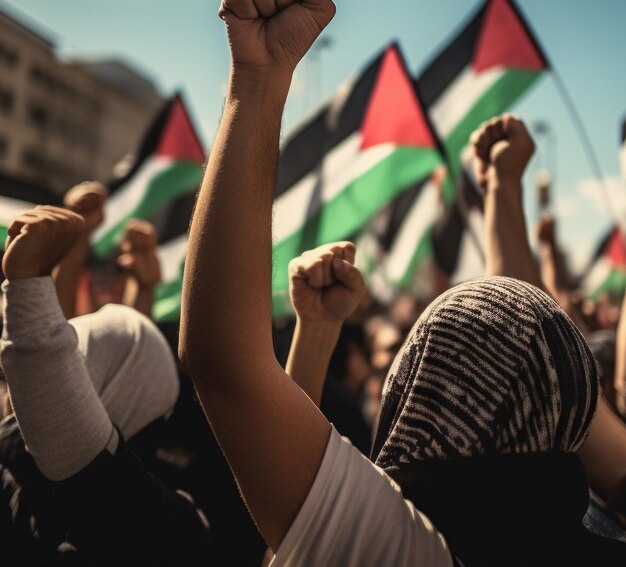 Photo des hommes et des femmes palestiniens marchent dans la rue pour demander la paix