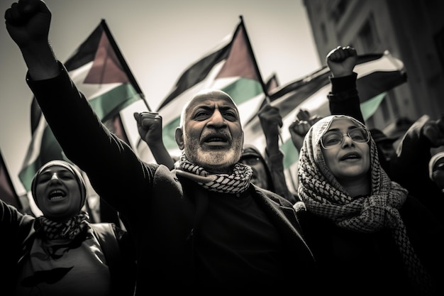 Photo des hommes et des femmes palestiniens marchent dans la rue pour demander la paix
