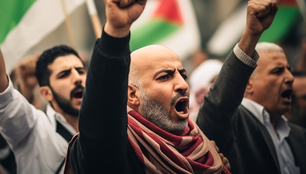 Photo des hommes et des femmes palestiniens marchent dans la rue pour demander la paix