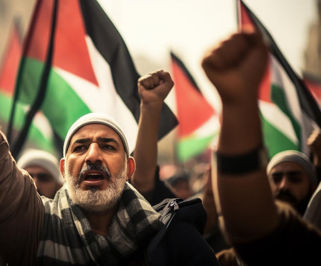 Des hommes et des femmes palestiniens marchent dans la rue pour demander la paix