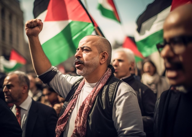 Photo des hommes et des femmes palestiniens marchent dans la rue pour demander la paix