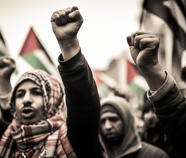 Photo des hommes et des femmes palestiniens marchent dans la rue pour demander la paix