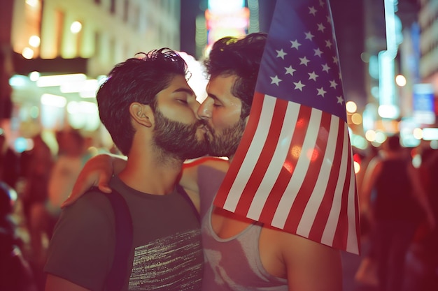Photo hommes gays lgbt embrassant des gars avec l'amérique le drapeau célèbre le 4 juillet ou le défilé de la fierté de new york en été