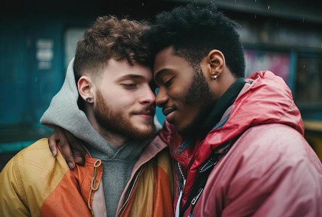 Photo des hommes gays qui s'embrassent à l'extérieur dans le style de nez distinctifs