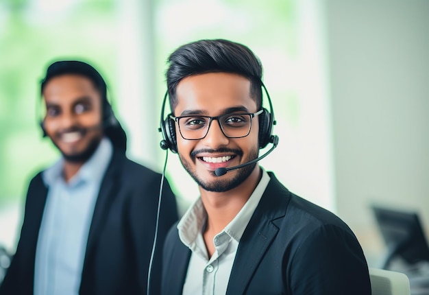 Hommes indiens opérateur femme agent avec des casques travaillant dans un centre d'appels