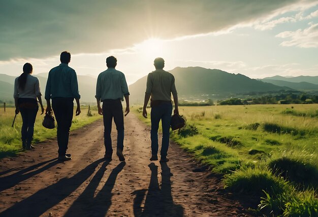 Photo des hommes marchant sur une route de terre avec des montagnes en arrière-plan