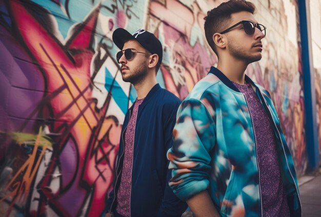 Des hommes milléniaux élégants, cool avec des lunettes de soleil, des loisirs en groupe, des hommes heureux, génèrent Ai.