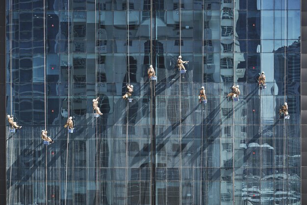 Photo hommes nettoyant un bâtiment en verre