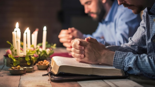 Les hommes prient sur la Bible à la lumière des bougies focalisation sélective