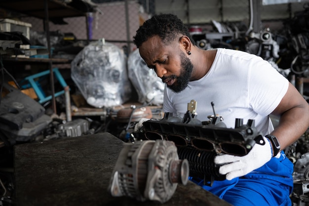 Hommes réparant le moteur d'une voiture dans un atelier de réparation automobile