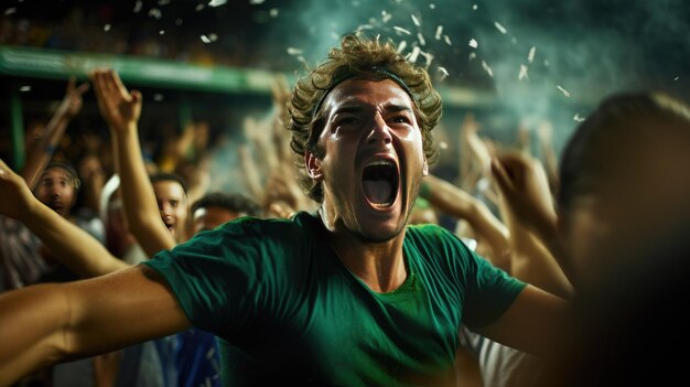 Photo les hommes s'amusent en regardant un match sportif dans les tribunes des spectateurs pleins d'émotion