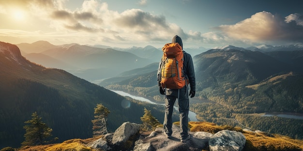 Des hommes avec un sac à dos debout au sommet de la montagne et appréciant la vue Concept de voyage Réalisez vos rêves