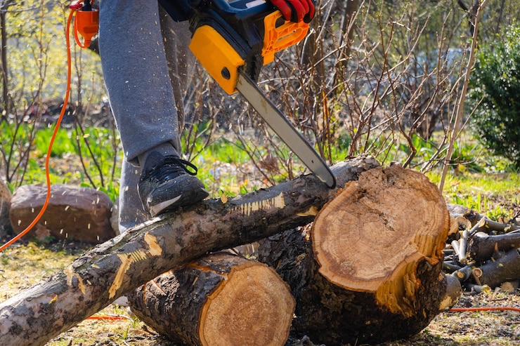 Photo les hommes scient un pommier avec une tronçonneuse dans son jardin. travailleur élagage tronc d'arbre dans le jardin