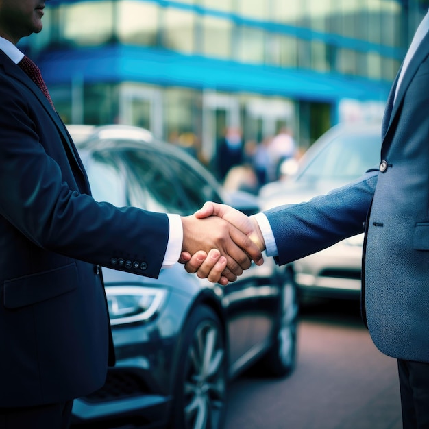 Des hommes se serrent la main devant une voiture