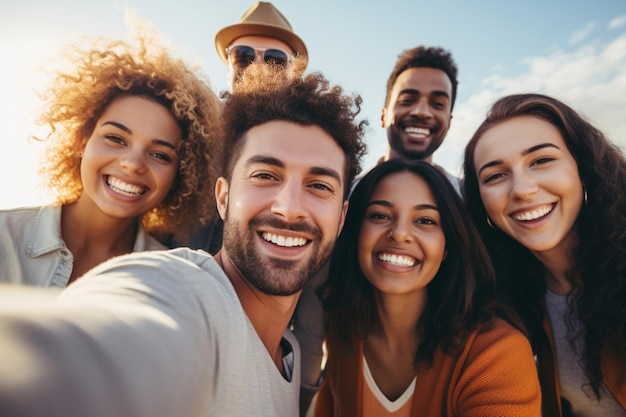 Hommes selfie amusant horizontal caucasien heureux ensemble personne jeune groupe amis été amitié portrait rire femmes adultes souriant ensemble joyeux mâles femelles extérieur