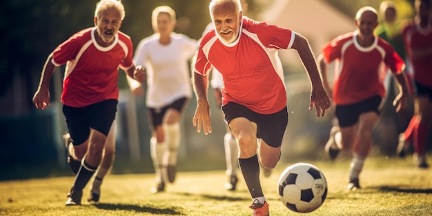 hommes seniors participant à des sports d'équipe de football générative d'IA