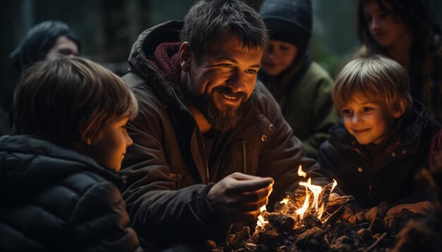 Hommes souriants dans le bonheur d'hiver en plein air Adultes d'origine ethnique caucasienne modes de vie Famille d'hommes joyeux ensemble généré par l'intelligence artificielle