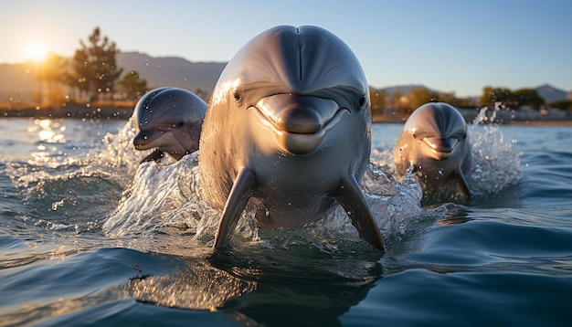 Photo des hommes souriants nageant des dauphins enjoués éclaboussant une famille joyeuse appréciant l'été généré par l'ia