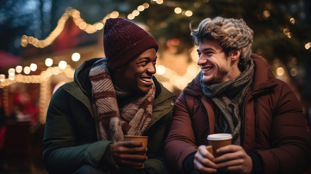 les hommes sourient et sourient assis devant un arbre de Noël.