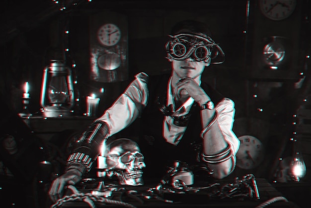 Hommes steampunk cosplay dans des lunettes cyberpunk Réalité virtuelle 3d noir et blanc