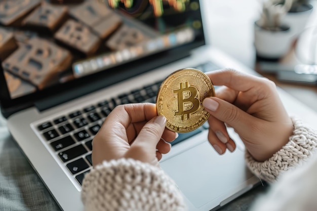 Des hommes tenant et montrant des bitcoins sur un ordinateur, des affaires d'argent virtuel et des crypto-monnaies