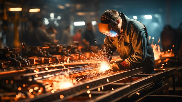 Hommes travaillant dans une aciérie soudant du métal avec protection