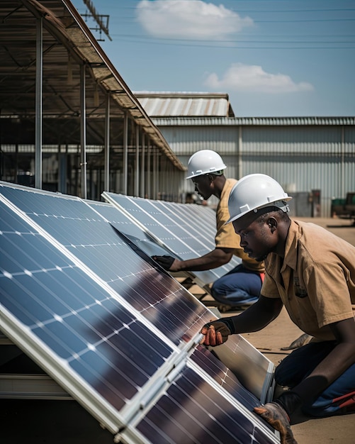 des hommes travaillant sur un panneau solaire, dont l'un est équipé d'un panneau solaire.