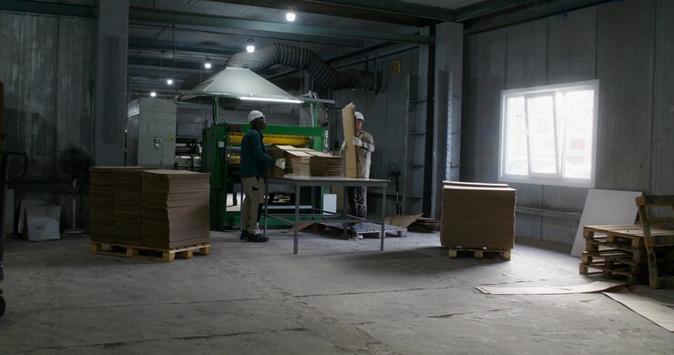 Photo des hommes travaillent dans une usine de carton.