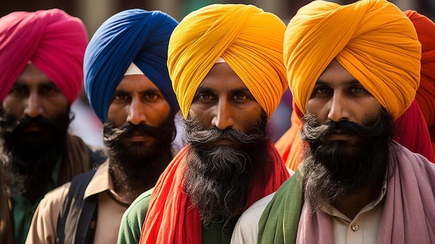 Les hommes avec des turbans et des turbans forment un groupe.