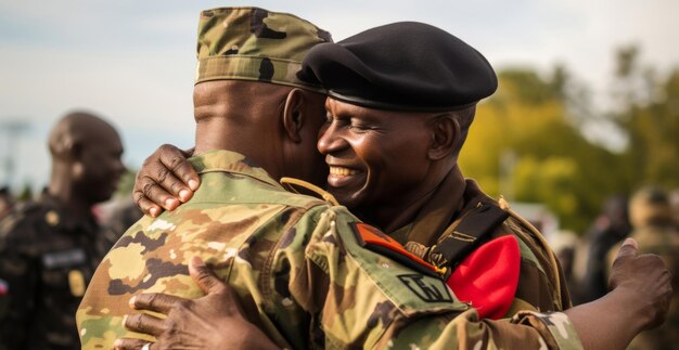 Photo hommes en uniforme militaire embrassant le concept de paix