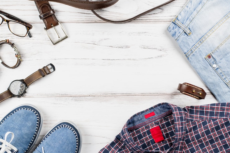 Photo hommes vêtements décontractés élégants et accessoires sur fond en bois.