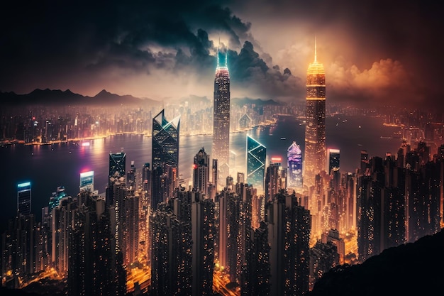 Hong Kong la nuit avec des gratte-ciel illuminés Generative AI