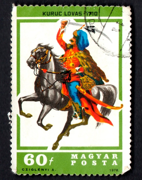 Hongrie, 1978 : timbre-poste hongrois avec un cavalier à cheval.