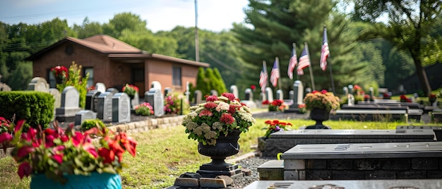 Honorer les héros Des drapeaux et des fleurs ornent un cimetière tranquille Concept Jour du souvenir Honneur Gratitude Tribute