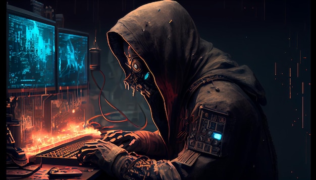 Hooded Hacker devant une cyberguerre informatique Generative AI