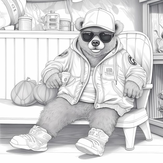 Photo hoodie bear fun low detail page de livre à colorier avec un ours dans une casquette de baseball