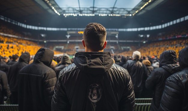 Photo hooligans de football dans le match fans de football agressifs criant et huantant dans la foule équipe perdante