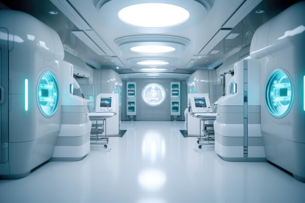 Hôpital futuriste propre et vide avec des outils médicaux et des sols réfléchissants