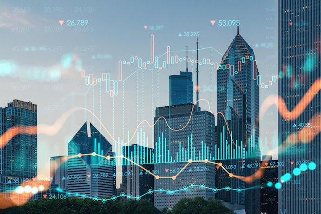 Horizon de Chicago de Butler Field aux gratte-ciel du quartier financier au coucher du soleil Illinois USA Parcs jardins Forex graphique hologramme Le concept de courtage commercial sur Internet et d'analyse fondamentale