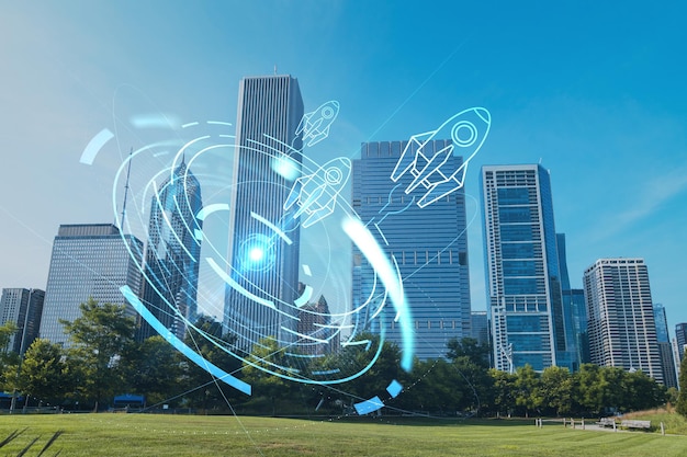 Horizon de Chicago Butler Field vers les gratte-ciel du quartier financier pendant la journée Illinois États-Unis Parcs et jardins Lancement d'une entreprise en démarrage pour rechercher et développer un hologramme de modèle d'entreprise évolutif