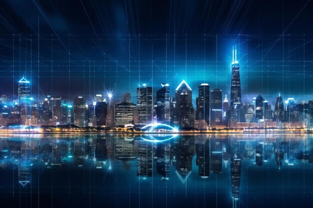 L'horizon de Chicago la nuit avec l'économie décentralisée et le concept de blockchain