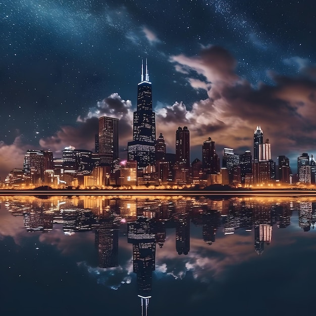 L'horizon de Chicago se reflétant dans les eaux tranquilles du lac Michigan réalisé avec une IA générative