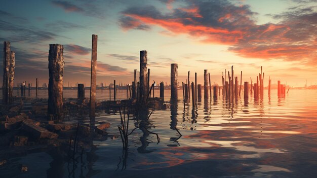 L'horizon du coucher de soleil sur le port maritime abandonné abstraction naturelle