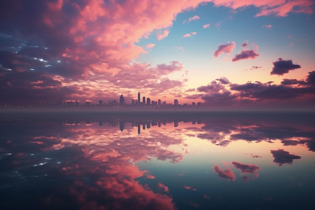 Photo l'horizon du crépuscule avec les lumières de la ville reflétées par les nuages bas.