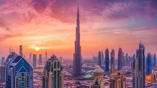 L'horizon de Dubaï au coucher du soleil aux Émirats arabes unis