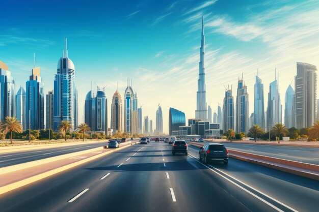 L'horizon de Dubaï avec une belle ville près de son autoroute la plus fréquentée sur la circulation