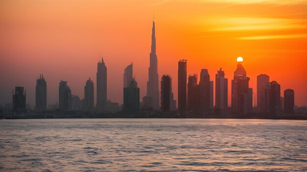 L'horizon de Dubaï le soir au coucher du soleil