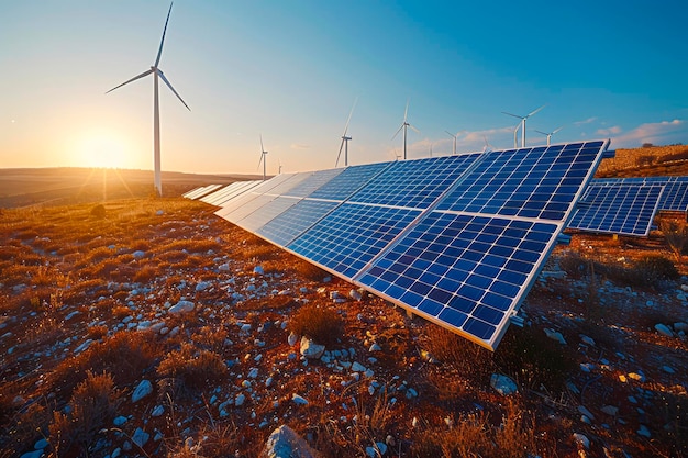 Horizon des énergies renouvelables: époustouflant lever et coucher de soleil des panneaux solaires et des turbines éoliennes en haute résolution photoréaliste