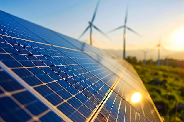 Photo horizon des énergies renouvelables sortie du soleil époustouflante capture du coucher du soleil des panneaux solaires et des turbines éoliennes en détail photoréaliste