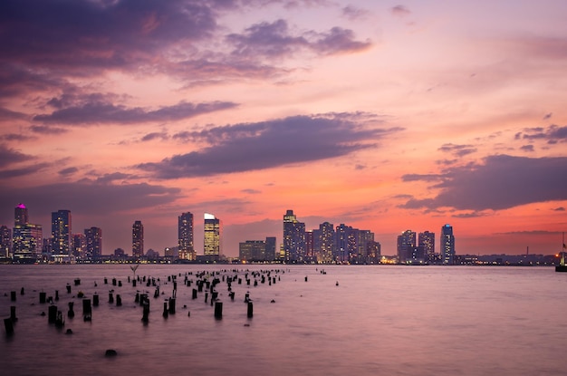 L'horizon d'Exchange Place, dans le New Jersey, aux États-Unis, depuis l'autre côté de la rivière Hudson